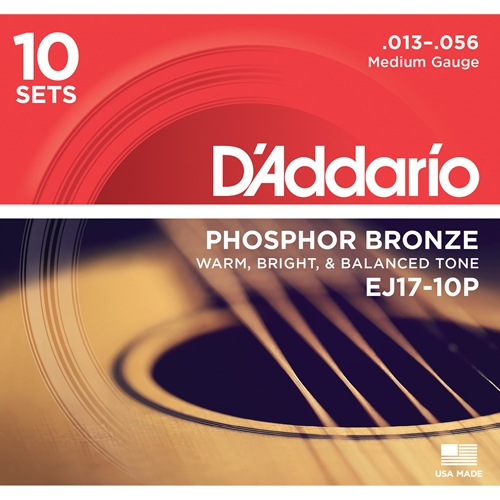 D'ADDARIO PHOSPHOR BRONZE ACOUSTIC GUITAR STRINGS, MEDIUM, 13-56, 10 SETS