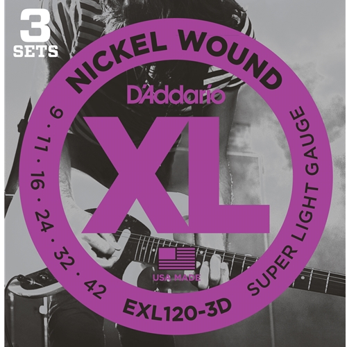 D'ADDARIO NICKEL WOUND ELECTRIC GUITAR STRINGS, SUPER LIGHT, 09-42, 3 SETS