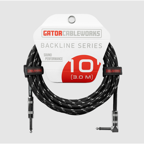 GATOR BACKLINE SERIES 10 FOOT STRAIGHT TO RIGHT ANGLE BRAIDED INSTRUMENT CABLE – BLACK/GREY