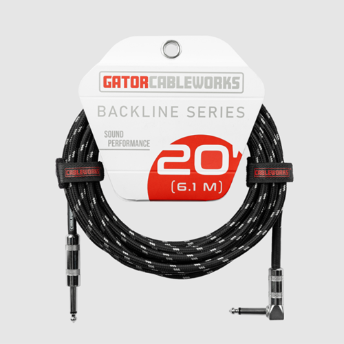 GATOR BACKLINE SERIES 20 FOOT STRAIGHT TO RIGHT ANGLE BRAIDED INSTRUMENT CABLE – BLACK/GREY